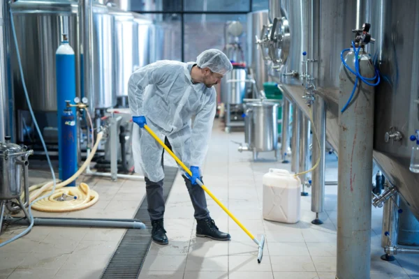 Industriereinigung Professioneller Industriereiniger im schutzfachen Reinigungsboden einer Lebensmittelverarbeitungsanlage